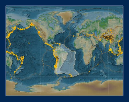 Téléchargez les photos : South American tectonic plate on the physical elevation map in the Gall Projection stéréographique centrée sur la méridienne. Lieux des tremblements de terre de plus de 6,5 magnitude enregistrés depuis le début du 17ème siècle - en image libre de droit