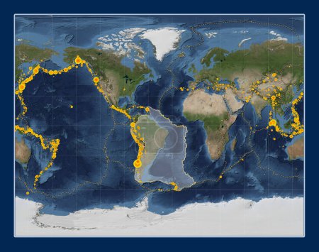 Téléchargez les photos : Plaque tectonique sud-américaine sur la carte satellite Blue Marble dans la projection Gall Stéréographique centrée méridionale. Lieux des tremblements de terre de plus de 6,5 magnitude enregistrés depuis le début du 17ème siècle - en image libre de droit