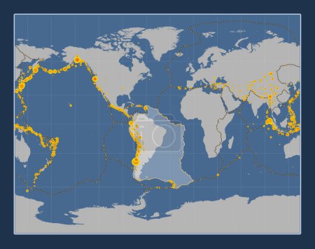 Téléchargez les photos : Plaque tectonique sud-américaine sur la carte de contour solide dans la projection stéréographique de Gall centrée méridionale. Lieux des tremblements de terre de plus de 6,5 magnitude enregistrés depuis le début du 17ème siècle - en image libre de droit