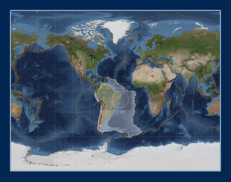 Téléchargez les photos : Plaque tectonique sud-américaine sur la carte satellite Blue Marble dans la projection Gall Stéréographique centrée méridionale. Distribution des volcans connus - en image libre de droit