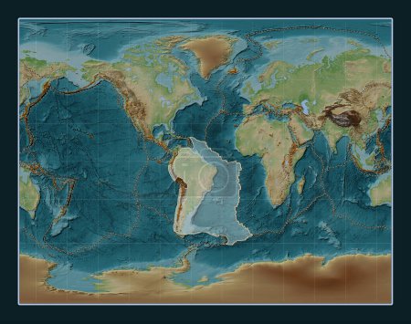 Téléchargez les photos : Plaque tectonique sud-américaine sur la carte d'élévation de style Wiki dans la projection stéréographique de Gall centrée méridionale. Distribution des volcans connus - en image libre de droit