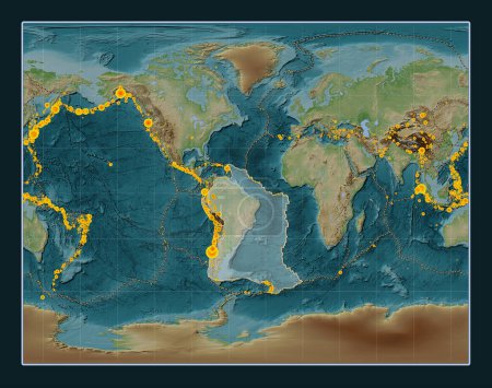 Photo for South American tectonic plate on the Wiki style elevation map in the Gall Stereographic projection centered meridionally. Locations of earthquakes above 6.5 magnitude recorded since the early 17th century - Royalty Free Image