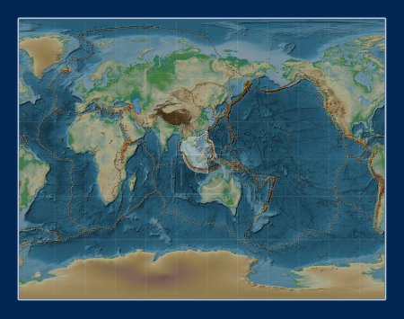 Téléchargez les photos : Plaque tectonique de la Sunda sur la carte physique de l'altitude dans la projection stéréographique de Gall centrée méridionale. Distribution des volcans connus - en image libre de droit