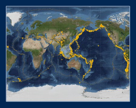 Téléchargez les photos : Plaque tectonique Sunda sur la carte satellite Blue Marble dans la projection Gall Stéréographique centrée méridionale. Lieux des tremblements de terre de plus de 6,5 magnitude enregistrés depuis le début du 17ème siècle - en image libre de droit