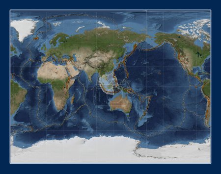 Foto de Placa tectónica de Sunda en el mapa satélite de mármol azul en la proyección estereográfica Gall centrada meridionalmente. Distribución de volcanes conocidos - Imagen libre de derechos