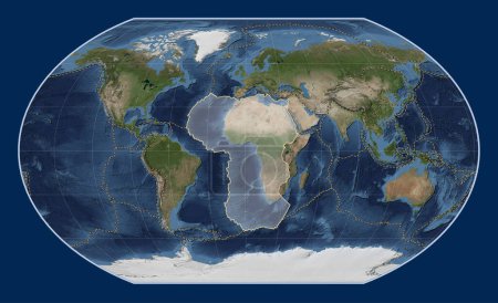 Téléchargez les photos : Plaque tectonique africaine sur la carte satellite Blue Marble dans la projection Kavrayskiy VII centrée méridionale. Limites des autres plaques - en image libre de droit