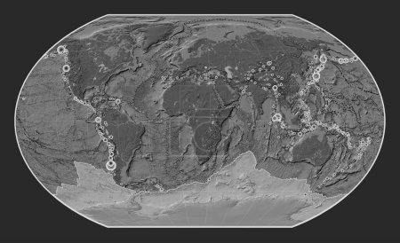 Foto de Placa tectónica antártica en el mapa de elevación bilevel en la proyección de Kavrayskiy VII centrada meridionalmente. Localizaciones de terremotos de magnitud superior a 6,5 registradas desde principios del siglo XVII - Imagen libre de derechos