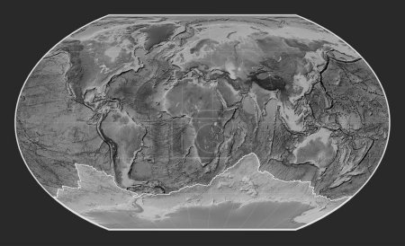 Téléchargez les photos : Plaque tectonique antarctique sur la carte d'altitude en niveaux de gris dans la projection de Kavrayskiy VII centrée méridionale. - en image libre de droit