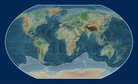 Photo for Antarctica tectonic plate on the physical elevation map in the Kavrayskiy VII projection centered meridionally. Boundaries of other plates - Royalty Free Image