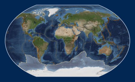 Téléchargez les photos : Plaque tectonique antarctique sur la carte satellite Blue Marble dans la projection Kavrayskiy VII centrée méridionale. Distribution des volcans connus - en image libre de droit