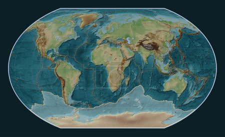 Téléchargez les photos : Plaque tectonique antarctique sur la carte d'altitude de style Wiki dans la projection Kavrayskiy VII centrée méridionale. Distribution des volcans connus - en image libre de droit