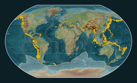 Téléchargez les photos : Plaque tectonique antarctique sur la carte d'altitude de style Wiki dans la projection Kavrayskiy VII centrée méridionale. Lieux des tremblements de terre de plus de 6,5 magnitude enregistrés depuis le début du 17ème siècle - en image libre de droit