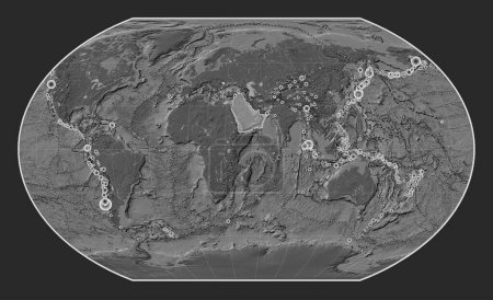 Photo for Arabian tectonic plate on the bilevel elevation map in the Kavrayskiy VII projection centered meridionally. Locations of earthquakes above 6.5 magnitude recorded since the early 17th century - Royalty Free Image