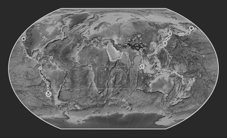 Photo for Arabian tectonic plate on the grayscale elevation map in the Kavrayskiy VII projection centered meridionally. Locations of earthquakes above 6.5 magnitude recorded since the early 17th century - Royalty Free Image