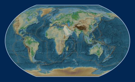 Photo for Arabian tectonic plate on the physical elevation map in the Kavrayskiy VII projection centered meridionally. Boundaries of other plates - Royalty Free Image
