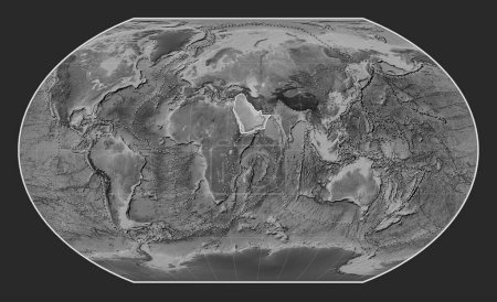 Photo for Arabian tectonic plate on the grayscale elevation map in the Kavrayskiy VII projection centered meridionally. Boundaries of other plates - Royalty Free Image