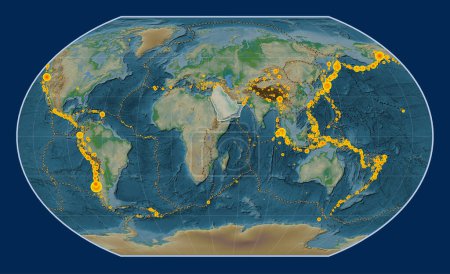 Photo for Arabian tectonic plate on the physical elevation map in the Kavrayskiy VII projection centered meridionally. Locations of earthquakes above 6.5 magnitude recorded since the early 17th century - Royalty Free Image