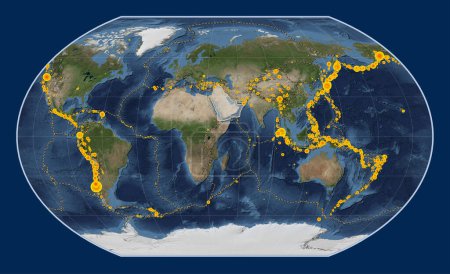 Photo for Arabian tectonic plate on the Blue Marble satellite map in the Kavrayskiy VII projection centered meridionally. Locations of earthquakes above 6.5 magnitude recorded since the early 17th century - Royalty Free Image