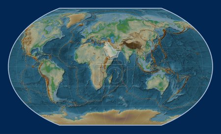 Photo for Arabian tectonic plate on the physical elevation map in the Kavrayskiy VII projection centered meridionally. Distribution of known volcanoes - Royalty Free Image