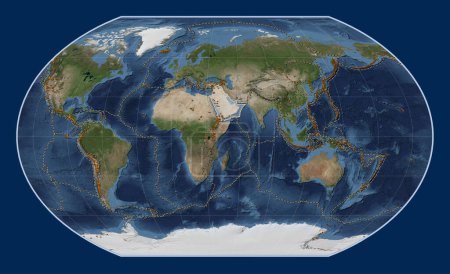 Photo for Arabian tectonic plate on the Blue Marble satellite map in the Kavrayskiy VII projection centered meridionally. Distribution of known volcanoes - Royalty Free Image