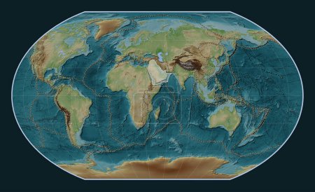 Photo for Arabian tectonic plate on the Wiki style elevation map in the Kavrayskiy VII projection centered meridionally. Boundaries of other plates - Royalty Free Image