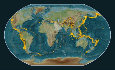 Photo for Arabian tectonic plate on the Wiki style elevation map in the Kavrayskiy VII projection centered meridionally. Locations of earthquakes above 6.5 magnitude recorded since the early 17th century - Royalty Free Image