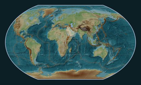 Photo for Arabian tectonic plate on the Wiki style elevation map in the Kavrayskiy VII projection centered meridionally. Distribution of known volcanoes - Royalty Free Image