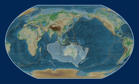 Téléchargez les photos : Plaque tectonique australienne sur la carte physique de l'altitude dans la projection de Kavrayskiy VII centrée méridionale. Limites des autres plaques - en image libre de droit