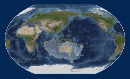 Téléchargez les photos : Plaque tectonique australienne sur la carte satellite Blue Marble dans la projection Kavrayskiy VII centrée méridionale. Limites des autres plaques - en image libre de droit