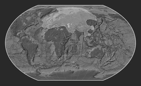 Foto de Placa tectónica eurasiática en el mapa de elevación bilevel en la proyección de Kavrayskiy VII centrada meridionalmente. Límites de otras placas - Imagen libre de derechos