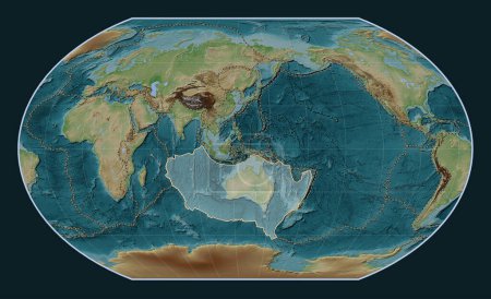 Foto de Placa tectónica australiana en el mapa de elevación de estilo Wiki en la proyección Kavrayskiy VII centrada meridionalmente. Límites de otras placas - Imagen libre de derechos