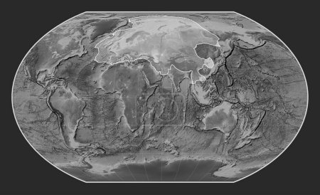 Téléchargez les photos : Plaque tectonique eurasienne sur la carte d'altitude en niveaux de gris dans la projection de Kavrayskiy VII centrée méridionale. - en image libre de droit