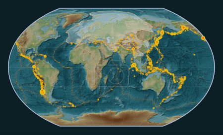 Téléchargez les photos : Plaque tectonique eurasienne sur la carte d'altitude de style Wiki dans la projection Kavrayskiy VII centrée méridionale. Lieux des tremblements de terre de plus de 6,5 magnitude enregistrés depuis le début du 17ème siècle - en image libre de droit