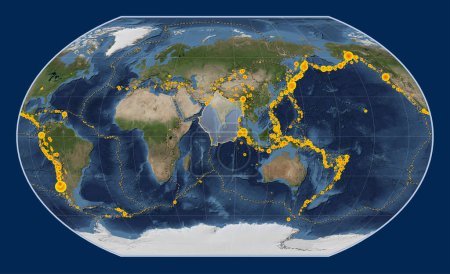 Téléchargez les photos : Plaque tectonique indienne sur la carte satellite Blue Marble dans la projection Kavrayskiy VII centrée méridionale. Lieux des tremblements de terre de plus de 6,5 magnitude enregistrés depuis le début du 17ème siècle - en image libre de droit