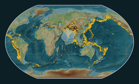 Foto de Placa tectónica india en el mapa de elevación de estilo Wiki en la proyección de Kavrayskiy VII centrada meridionalmente. Localizaciones de terremotos de magnitud superior a 6,5 registradas desde principios del siglo XVII - Imagen libre de derechos