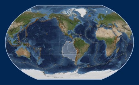 Téléchargez les photos : Plaque tectonique Nazca sur la carte satellite Blue Marble dans la projection Kavrayskiy VII centrée méridionale. Distribution des volcans connus - en image libre de droit