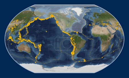 Foto de Placa tectónica norteamericana en el mapa satélite de mármol azul en la proyección de Kavrayskiy VII centrada meridionalmente. Localizaciones de terremotos de magnitud superior a 6,5 registradas desde principios del siglo XVII - Imagen libre de derechos
