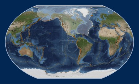 Photo for North American tectonic plate on the Blue Marble satellite map in the Kavrayskiy VII projection centered meridionally. Distribution of known volcanoes - Royalty Free Image