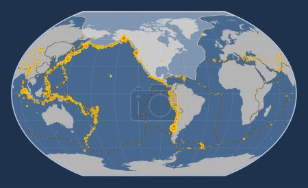 Téléchargez les photos : Plaque tectonique nord-américaine sur la carte des contours solides dans la projection de Kavrayskiy VII centrée méridionale. Lieux des tremblements de terre de plus de 6,5 magnitude enregistrés depuis le début du 17ème siècle - en image libre de droit