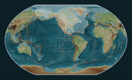 Téléchargez les photos : Plaque tectonique nord-américaine sur la carte d'altitude de style Wiki dans la projection Kavrayskiy VII centrée méridionale. Distribution des volcans connus - en image libre de droit