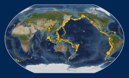 Téléchargez les photos : Plaque tectonique Okhotsk sur la carte satellite Blue Marble dans la projection Kavrayskiy VII centrée méridionale. Lieux des tremblements de terre de plus de 6,5 magnitude enregistrés depuis le début du 17ème siècle - en image libre de droit