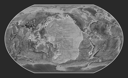 Téléchargez les photos : La plaque tectonique du Pacifique sur la carte de l'altitude en niveaux de gris dans la projection de Kavrayskiy VII était centrée méridionale. Lieux des tremblements de terre de plus de 6,5 magnitude enregistrés depuis le début du 17ème siècle - en image libre de droit