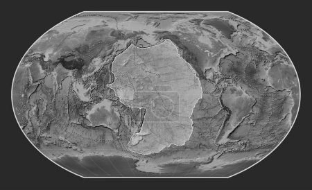 Photo for Pacific tectonic plate on the grayscale elevation map in the Kavrayskiy VII projection centered meridionally. Boundaries of other plates - Royalty Free Image