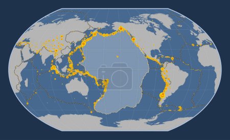 Téléchargez les photos : Plaque tectonique du Pacifique sur la carte des contours solides dans la projection de Kavrayskiy VII centrée méridionale. Lieux des tremblements de terre de plus de 6,5 magnitude enregistrés depuis le début du 17ème siècle - en image libre de droit