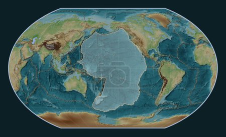 Téléchargez les photos : Plaque tectonique du Pacifique sur la carte d'altitude de style Wiki dans la projection de Kavrayskiy VII centrée méridionale. Limites des autres plaques - en image libre de droit