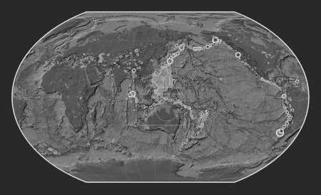 Téléchargez les photos : Plaque tectonique de la mer des Philippines sur la carte d'élévation à bille dans la projection de Kavrayskiy VII centrée méridionale. Lieux des tremblements de terre de plus de 6,5 magnitude enregistrés depuis le début du 17ème siècle - en image libre de droit