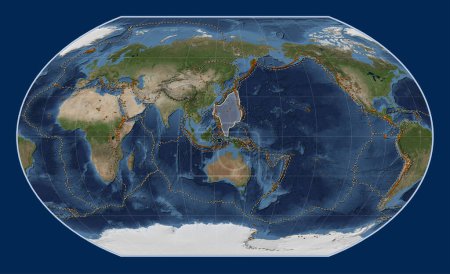 Téléchargez les photos : Plaque tectonique de la mer des Philippines sur la carte satellite Blue Marble dans la projection Kavrayskiy VII centrée méridionale. Distribution des volcans connus - en image libre de droit
