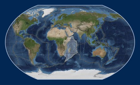 Photo for Somalian tectonic plate on the Blue Marble satellite map in the Kavrayskiy VII projection centered meridionally. Boundaries of other plates - Royalty Free Image