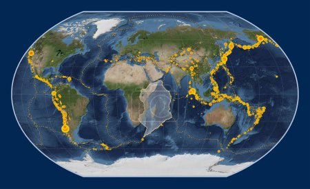 Téléchargez les photos : Plaque tectonique somalienne sur la carte satellite Blue Marble dans la projection Kavrayskiy VII centrée méridionale. Lieux des tremblements de terre de plus de 6,5 magnitude enregistrés depuis le début du 17ème siècle - en image libre de droit