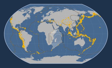Téléchargez les photos : Plaque tectonique somalienne sur la carte des contours solides dans la projection de Kavrayskiy VII centrée méridionale. Lieux des tremblements de terre de plus de 6,5 magnitude enregistrés depuis le début du 17ème siècle - en image libre de droit